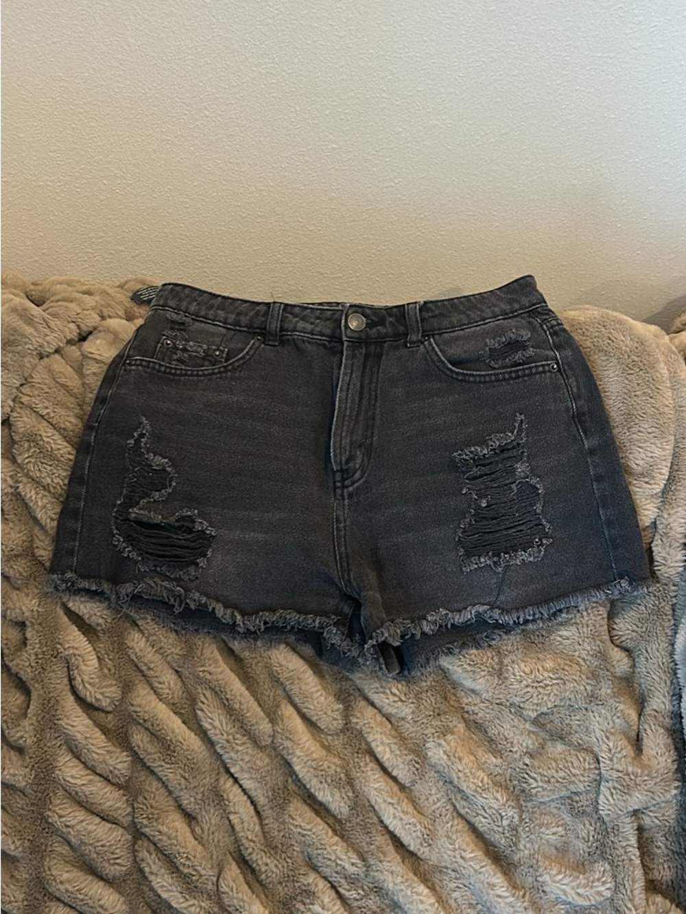 Women’s Distressed High-Rise Black Denim Shorts